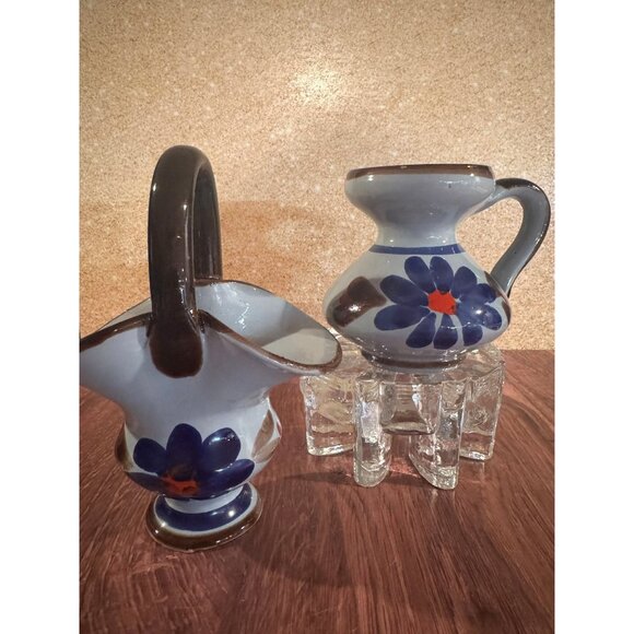 Vintage Hand-Painted Folk Art Pottery – Pitcher & Basket Set - Picture 1 of 14